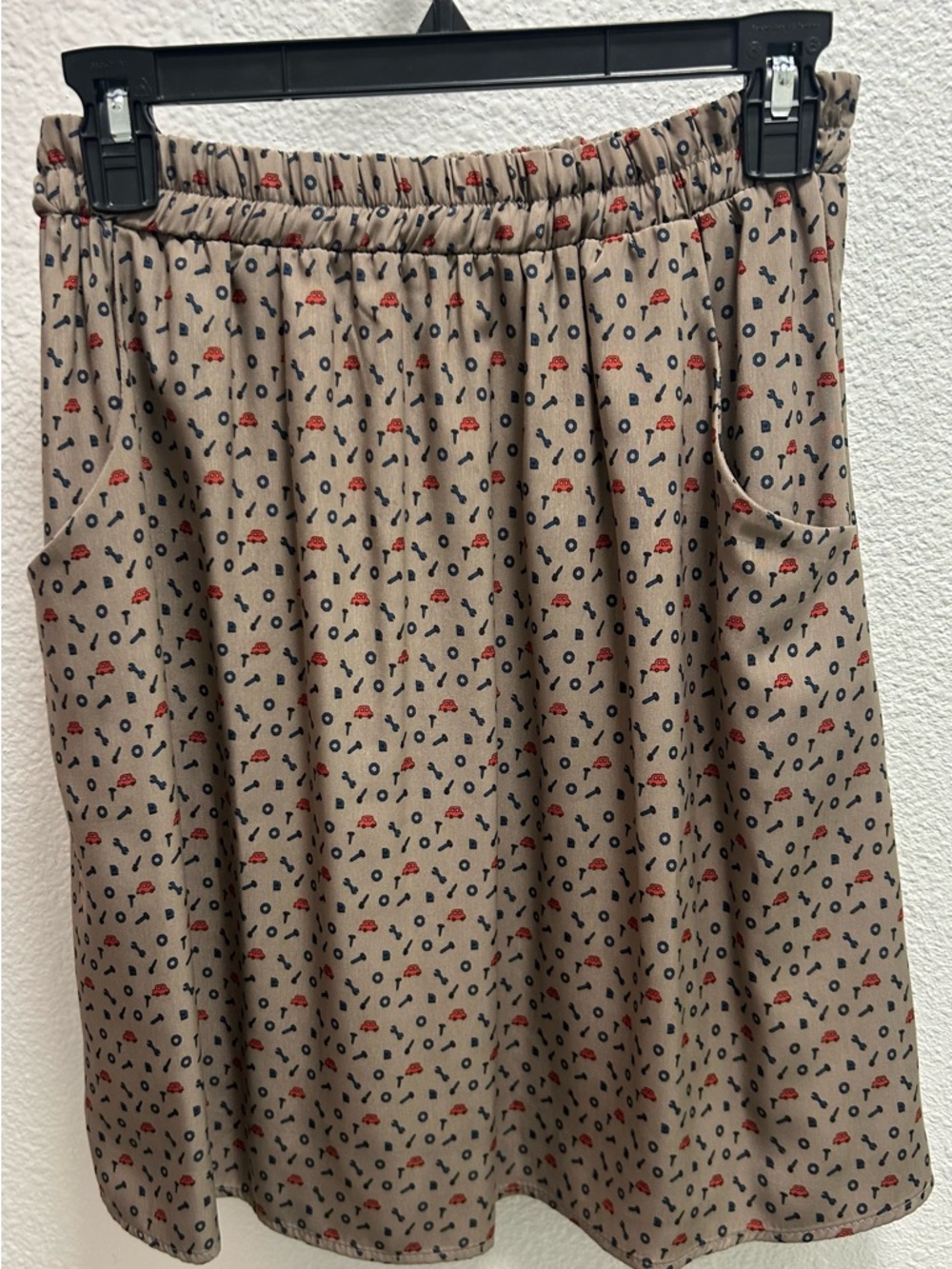 Everly Beige A-Line Skirt with Red Cars and Navy Car Tools